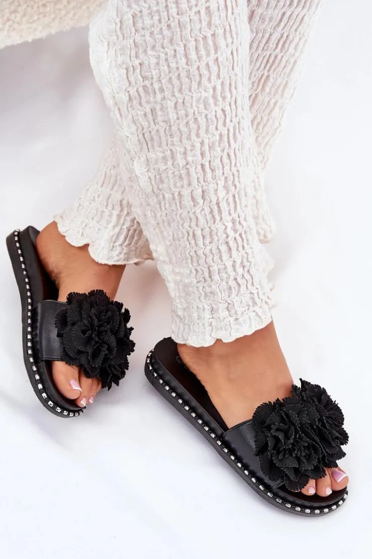 Damskie Boto Klapki Damskie Z Materiałowymi Kwiatami Czarne Elachase