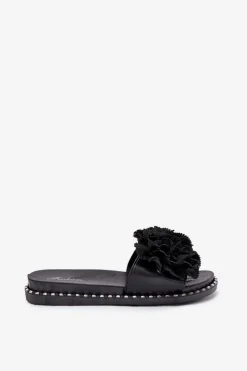 Damskie Boto Klapki Damskie Z Materiałowymi Kwiatami Czarne Elachase