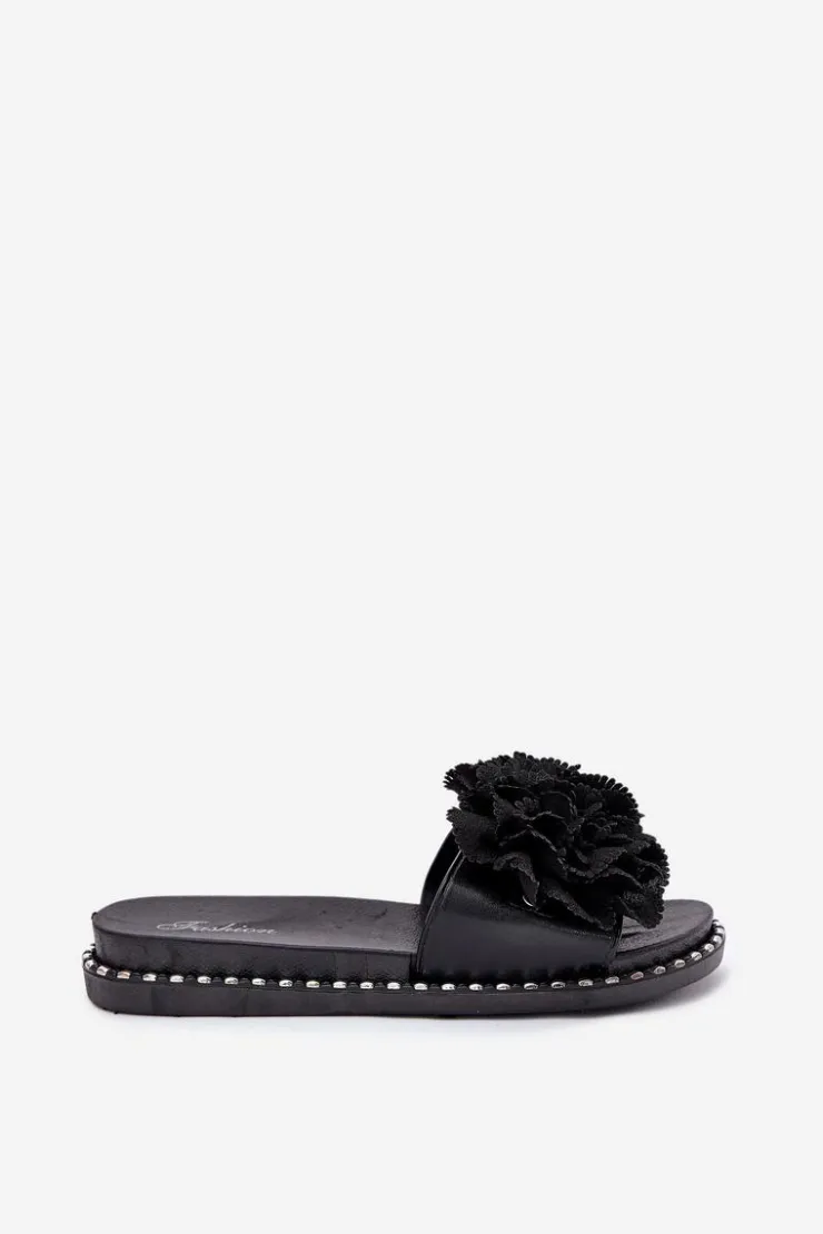 Damskie Boto Klapki Damskie Z Materiałowymi Kwiatami Czarne Elachase