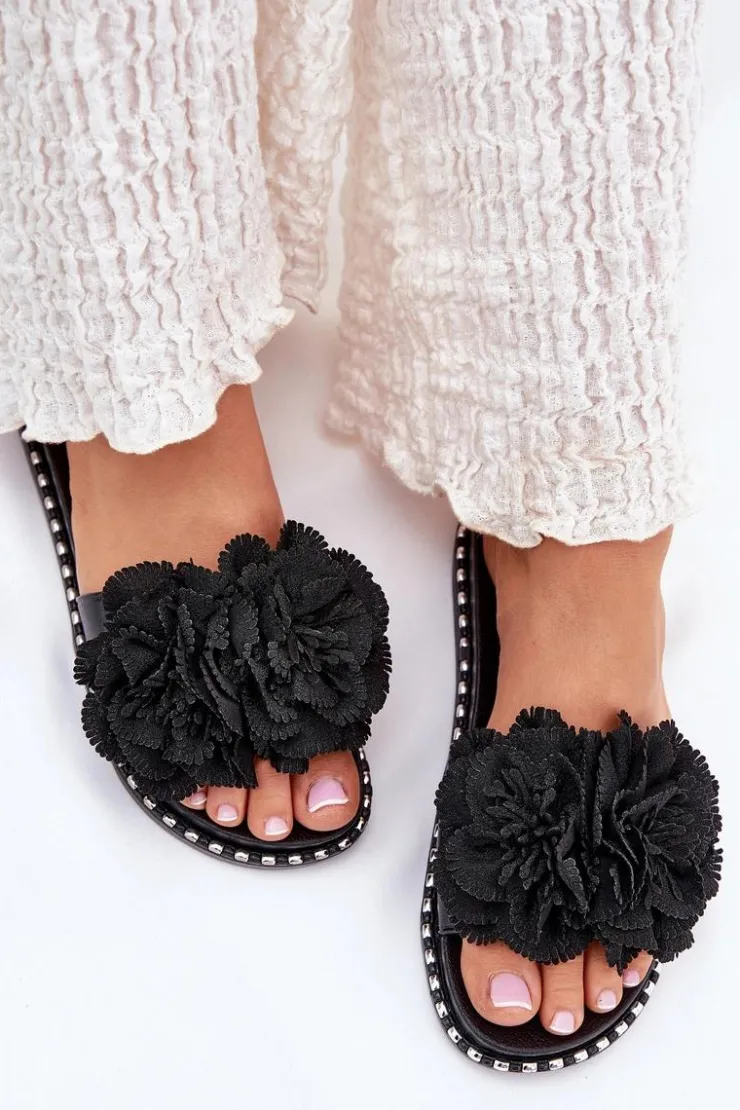 Damskie Boto Klapki Damskie Z Materiałowymi Kwiatami Czarne Elachase