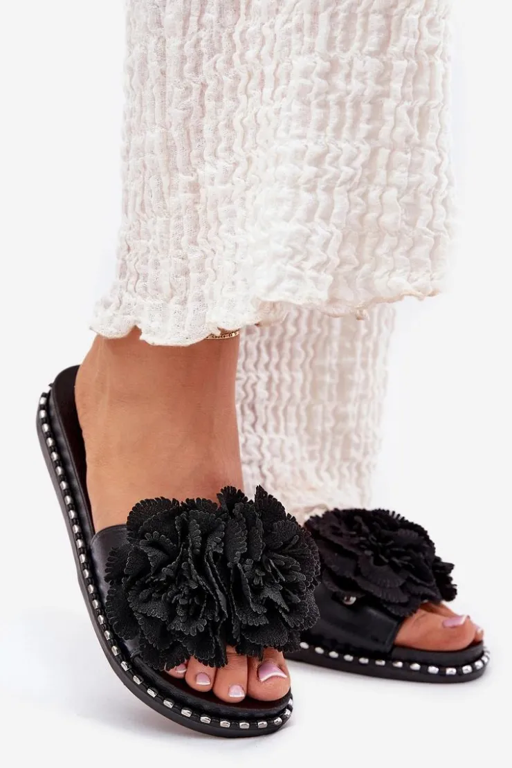 Damskie Boto Klapki Damskie Z Materiałowymi Kwiatami Czarne Elachase