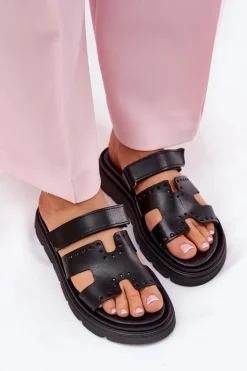 Clearance Zazoo Klapki Damskie Z Naturalnej Skóry Na Platformie 40440 Czarne Czarny