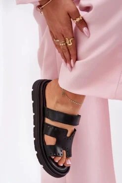 Clearance Zazoo Klapki Damskie Z Naturalnej Skóry Na Platformie 40440 Czarne Czarny