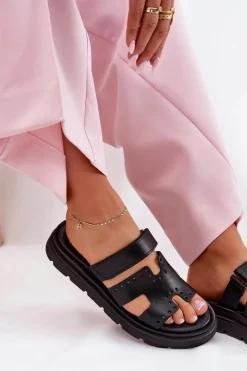 Clearance Zazoo Klapki Damskie Z Naturalnej Skóry Na Platformie 40440 Czarne Czarny