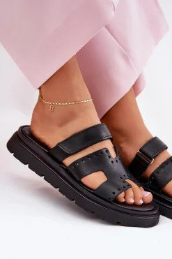 Clearance Zazoo Klapki Damskie Z Naturalnej Skóry Na Platformie 40440 Czarne Czarny