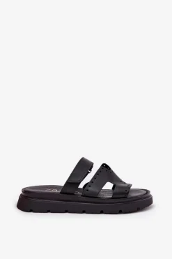 Clearance Zazoo Klapki Damskie Z Naturalnej Skóry Na Platformie 40440 Czarne Czarny