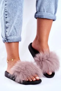 Damskie Boto Klapki Damskie z Naturalnym Futerkiem Jasno Szare Bushido