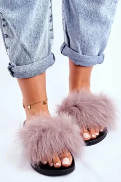 Damskie Boto Klapki Damskie z Naturalnym Futerkiem Jasno Szare Bushido