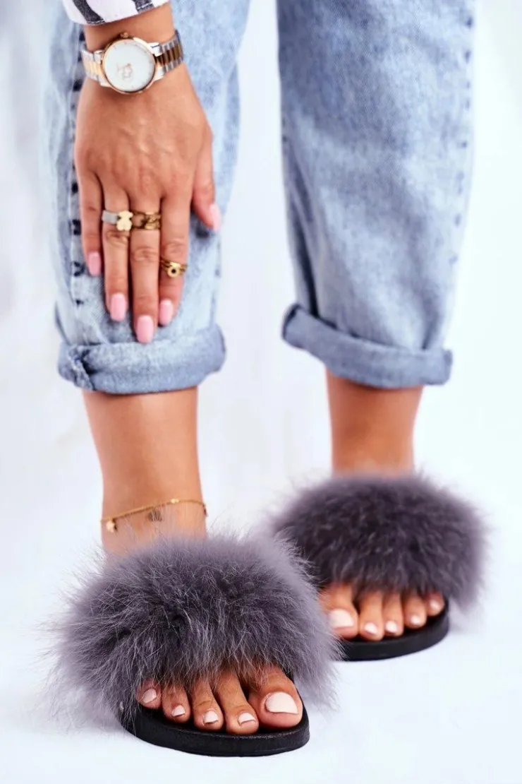 Clearance Boto Klapki Damskie z Naturalnym Futerkiem Szare Bushido