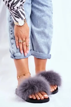 Clearance Boto Klapki Damskie z Naturalnym Futerkiem Szare Bushido