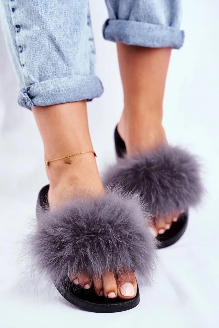 Clearance Boto Klapki Damskie z Naturalnym Futerkiem Szare Bushido