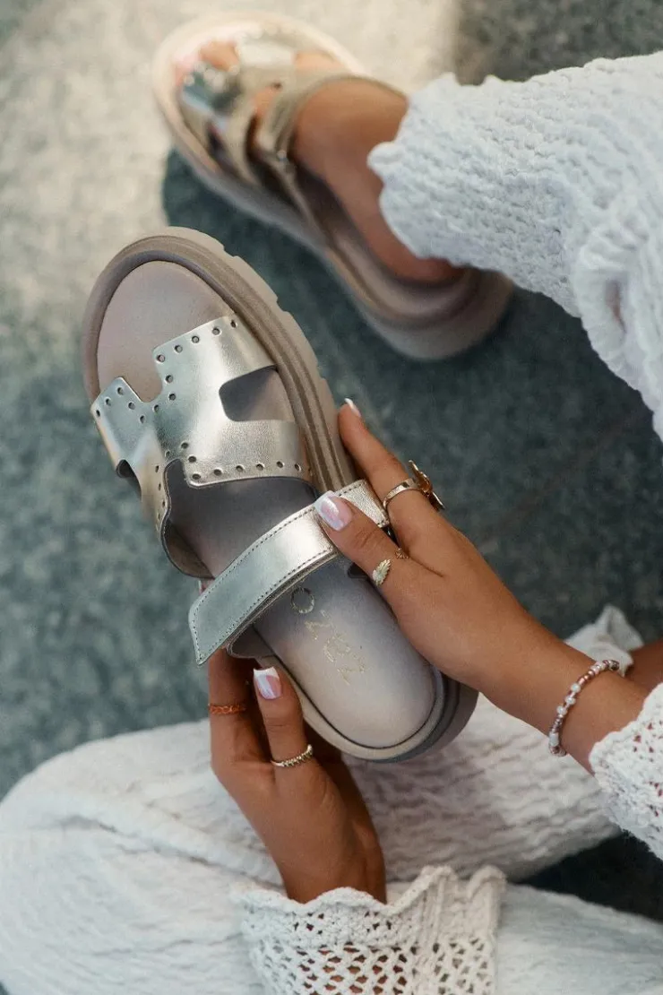 Zazoo Klapki Damskie Klasyczne*Klapki Damskie Z Naturalnej Skóry Na Platformie 40440 Złote Złoty