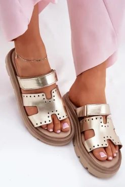 Zazoo Klapki Damskie Klasyczne*Klapki Damskie Z Naturalnej Skóry Na Platformie 40440 Złote Złoty