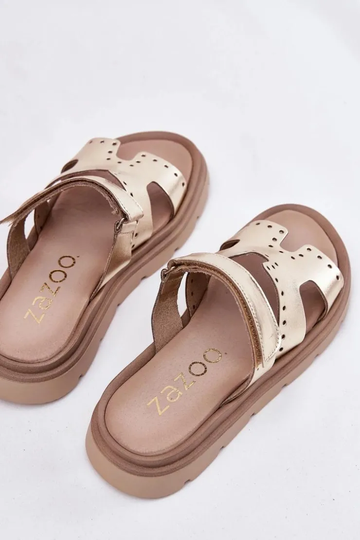 Zazoo Klapki Damskie Klasyczne*Klapki Damskie Z Naturalnej Skóry Na Platformie 40440 Złote Złoty