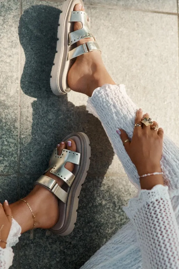 Zazoo Klapki Damskie Klasyczne*Klapki Damskie Z Naturalnej Skóry Na Platformie 40440 Złote Złoty