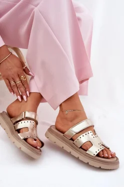 Zazoo Klapki Damskie Klasyczne*Klapki Damskie Z Naturalnej Skóry Na Platformie 40440 Złote Złoty