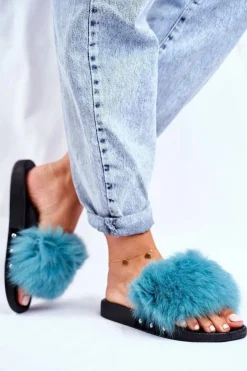 Boto Klapki Z Futerkiem|Klapki Damskie Klasyczne*Klapki Damskie z Naturalnym Futerkiem Zielone Bushido