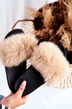 Boto Klapki Z Futerkiem|Klapki Damskie Klasyczne*Klapki Damskie z Naturalnym Futerkiem Beżowe Bushido