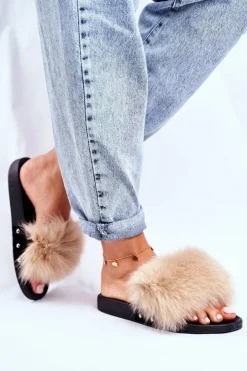 Boto Klapki Z Futerkiem|Klapki Damskie Klasyczne*Klapki Damskie z Naturalnym Futerkiem Beżowe Bushido