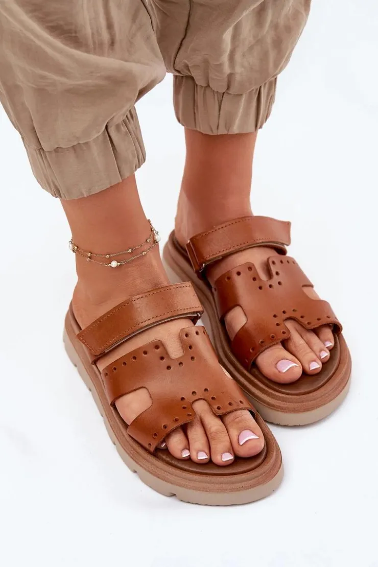 Damskie Zazoo Klapki Damskie Z Naturalnej Skóry Na Platformie 40440 Brązowe