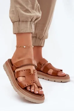 Damskie Zazoo Klapki Damskie Z Naturalnej Skóry Na Platformie 40440 Brązowe