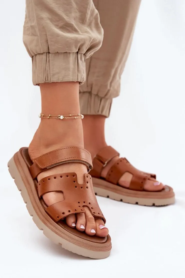 Damskie Zazoo Klapki Damskie Z Naturalnej Skóry Na Platformie 40440 Brązowe