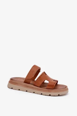 Damskie Zazoo Klapki Damskie Z Naturalnej Skóry Na Platformie 40440 Brązowe