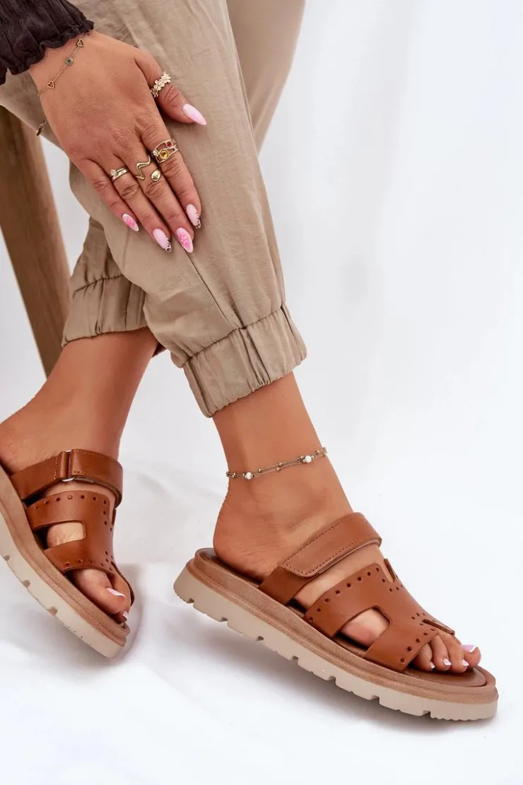 Damskie Zazoo Klapki Damskie Z Naturalnej Skóry Na Platformie 40440 Brązowe