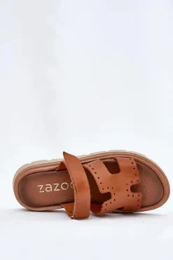 Damskie Zazoo Klapki Damskie Z Naturalnej Skóry Na Platformie 40440 Brązowe