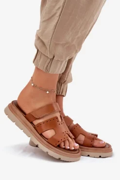 Damskie Zazoo Klapki Damskie Z Naturalnej Skóry Na Platformie 40440 Brązowe