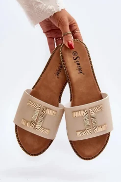 Boto Klapki Damskie Klasyczne*Klapki Damskie Z Ozdobą Beżowe Ollavia