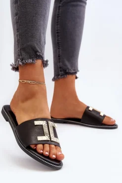 Damskie Boto Klapki Damskie Z Ozdobą Czarne Ollavia