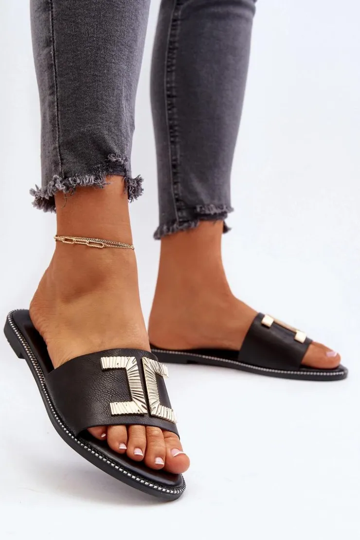 Damskie Boto Klapki Damskie Z Ozdobą Czarne Ollavia