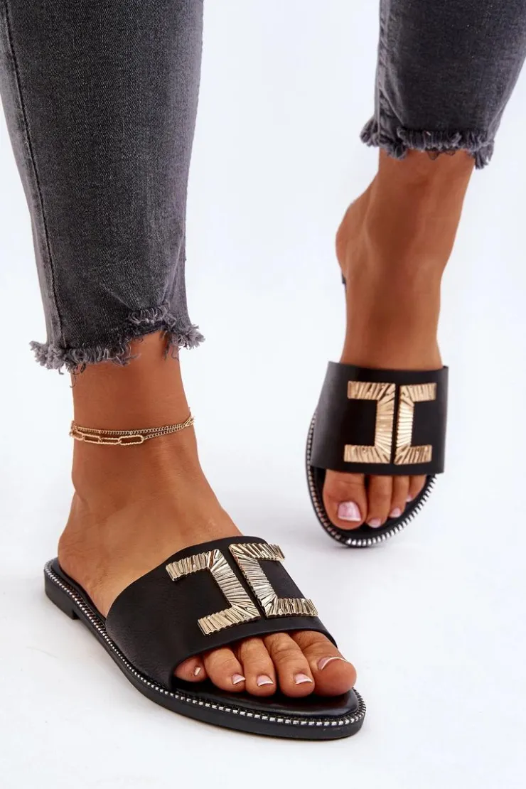 Damskie Boto Klapki Damskie Z Ozdobą Czarne Ollavia