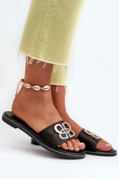 Damskie Boto Klapki Damskie Z Ozdobą Eko Skórzane Na Płaskim Obcasie Czarne Sadria