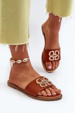 Damskie Boto Klapki Damskie Z Ozdobą Eko Skórzane Na Płaskim Obcasie Brązowe Sadria