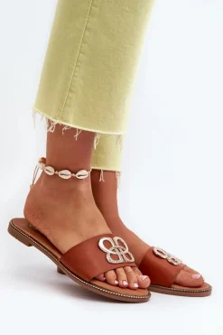 Damskie Boto Klapki Damskie Z Ozdobą Eko Skórzane Na Płaskim Obcasie Brązowe Sadria