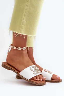 Boto Klapki Damskie Klasyczne*Klapki Damskie Z Ozdobą Eko Skórzane Na Płaskim Obcasie Białe Sadria