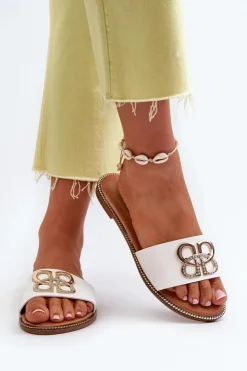 Boto Klapki Damskie Klasyczne*Klapki Damskie Z Ozdobą Eko Skórzane Na Płaskim Obcasie Białe Sadria