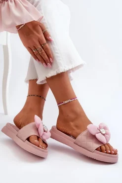 Damskie Boto Klapki Damskie Z Ozdobą Na Niskiej Platformie Różowe Cedrella