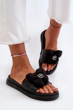 Damskie Boto Klapki Damskie Z Ozdobą Na Niskiej Platformie Czarne Cedrella