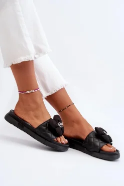 Damskie Boto Klapki Damskie Z Ozdobą Na Niskiej Platformie Czarne Cedrella