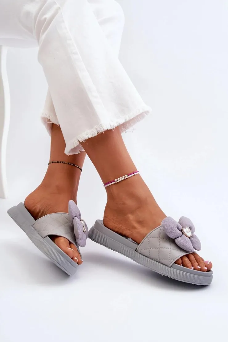 Outlet Boto Klapki Damskie Z Ozdobą Na Niskiej Platformie Szare Cedrella Szary