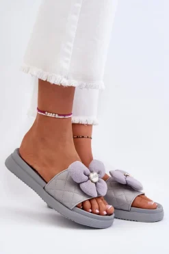 Outlet Boto Klapki Damskie Z Ozdobą Na Niskiej Platformie Szare Cedrella Szary