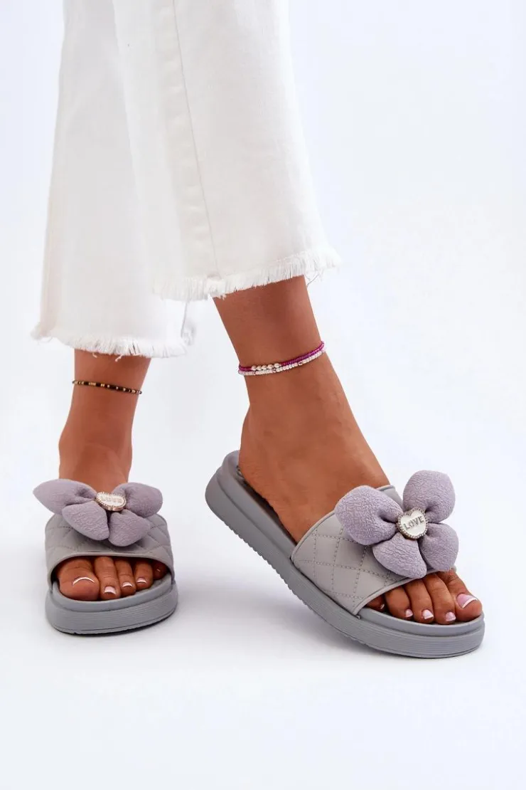 Outlet Boto Klapki Damskie Z Ozdobą Na Niskiej Platformie Szare Cedrella Szary