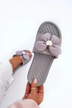 Outlet Boto Klapki Damskie Z Ozdobą Na Niskiej Platformie Szare Cedrella Szary