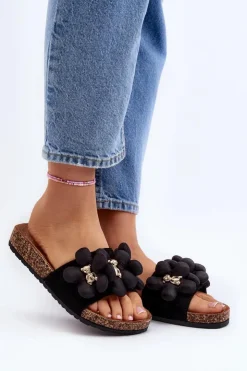 Boto Klapki Damskie Klasyczne*Klapki Damskie Z Ozdobami Czarne Bunlia