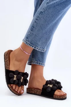 Boto Klapki Damskie Klasyczne*Klapki Damskie Z Ozdobami Czarne Bunlia