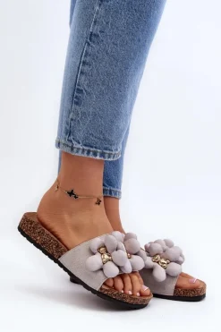 Outlet Boto Klapki Damskie Z Ozdobami Szare Bunlia Szary