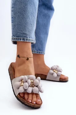 Outlet Boto Klapki Damskie Z Ozdobami Szare Bunlia Szary